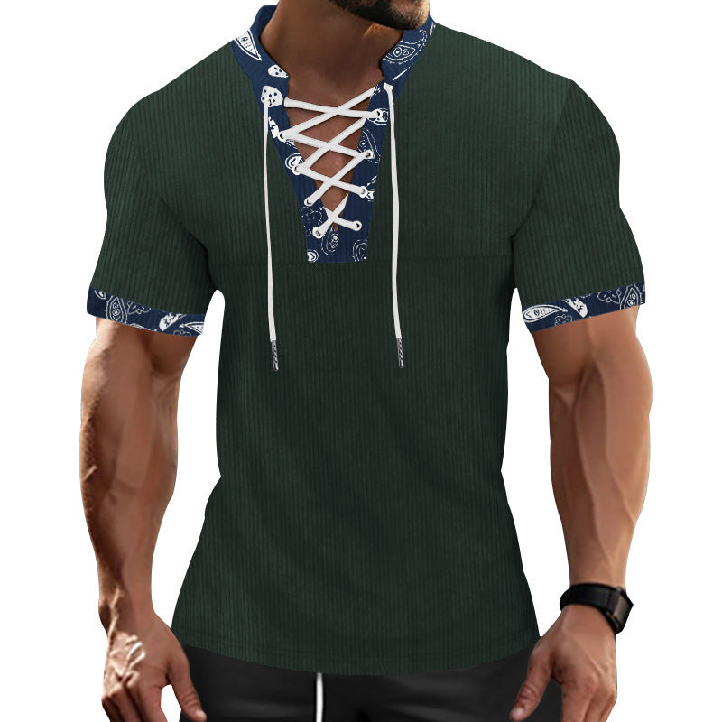 Herren Kurzarm-Henley-Shirt mit dekorativem Schnürdesign Aliams
