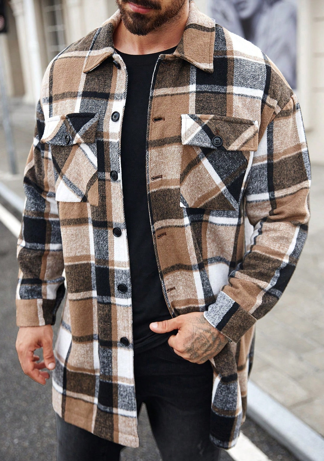 Herren karierte Flanelljacke mit knöpfbaren Taschen und modernem Schnitt Aliams