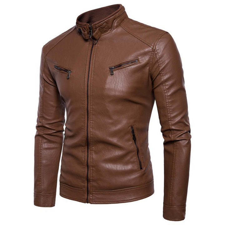 Herren stylische Lederjacke mit modernem Stehkragen und Reißverschlüssen Aliams
