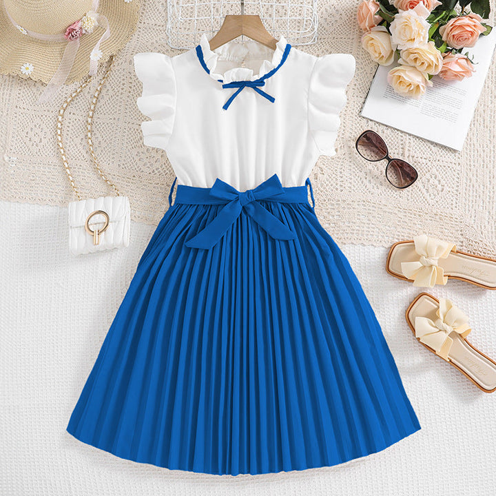 Mädchen Faltenrockkleid mit Puffärmeln und Taillenknoten Aliams
