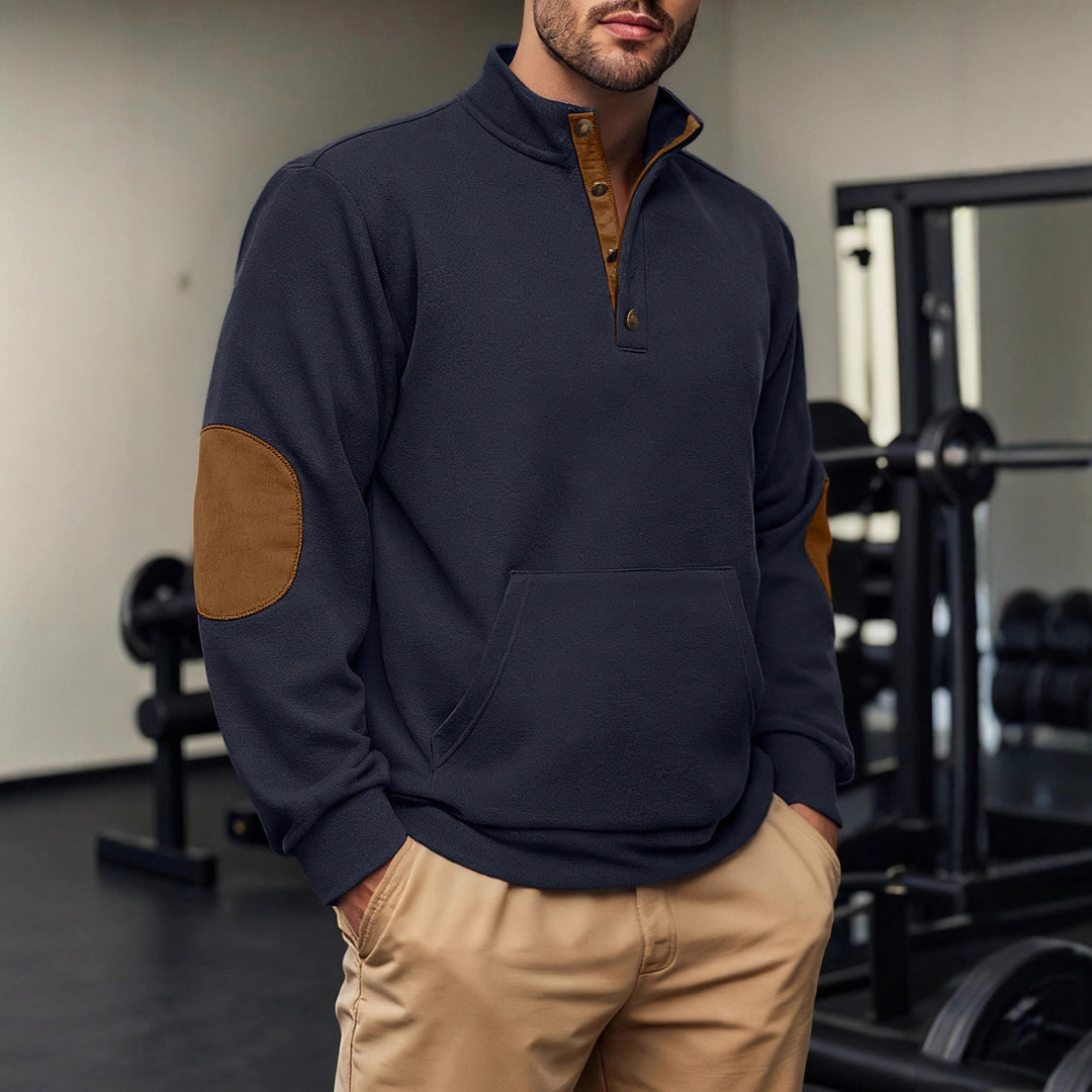 Herren Fleeceshirt mit kurzen Knöpfen und Lederapplikationen Aliams