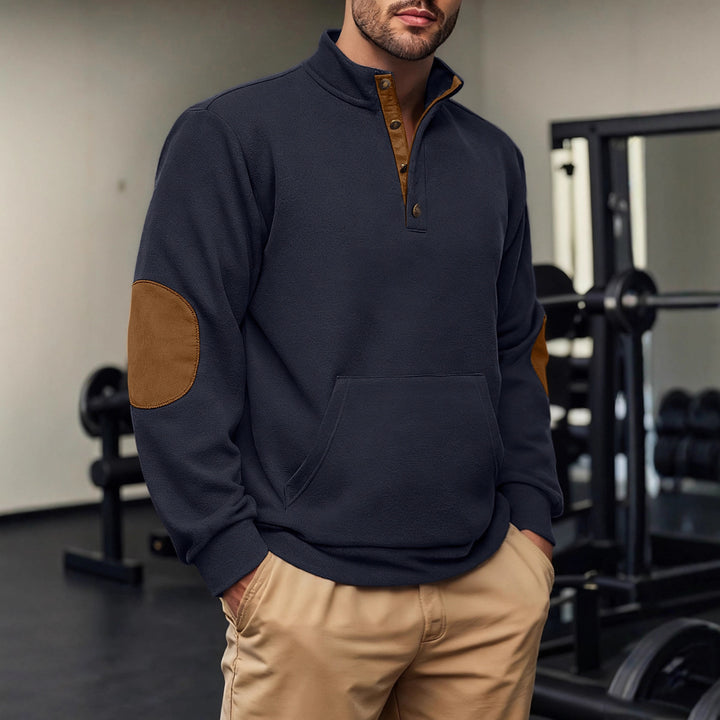 Herren Fleeceshirt mit kurzen Knöpfen und Lederapplikationen Aliams