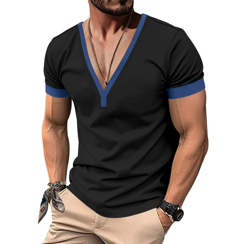 Herren V-Ausschnitt T-Shirt mit kontrastierenden Ärmeln und atmungsaktiver Baumwolle Aliams