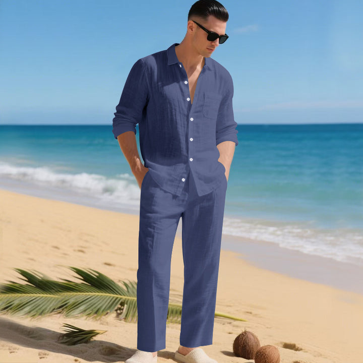 Herren leichtes Leinen-Outfit mit stilvollem Hemd und eleganter Hose Aliams