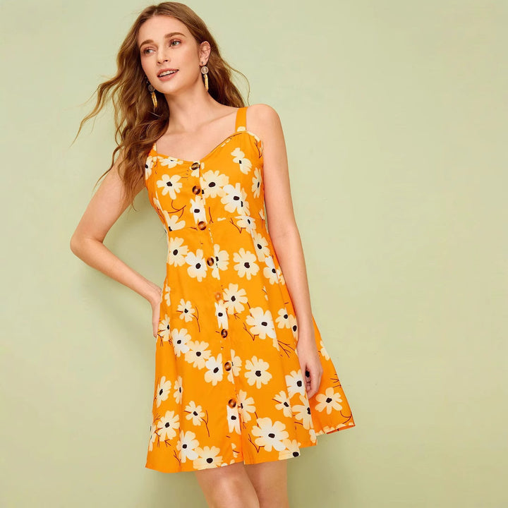 Damen Sommerkleid mit Blumenmuster und Knopfleiste Aliams