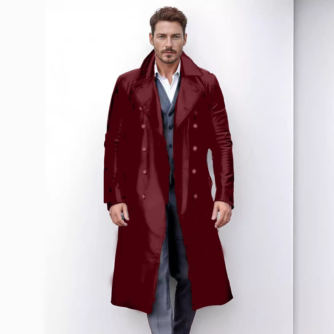 Herren Eleganter Kunstleder-Trenchcoat mit doppelt geknöpftem Design Aliams