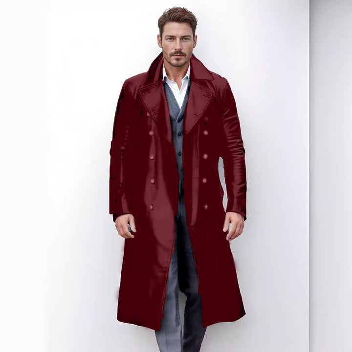 Herren Eleganter Kunstleder-Trenchcoat mit doppelt geknöpftem Design Aliams