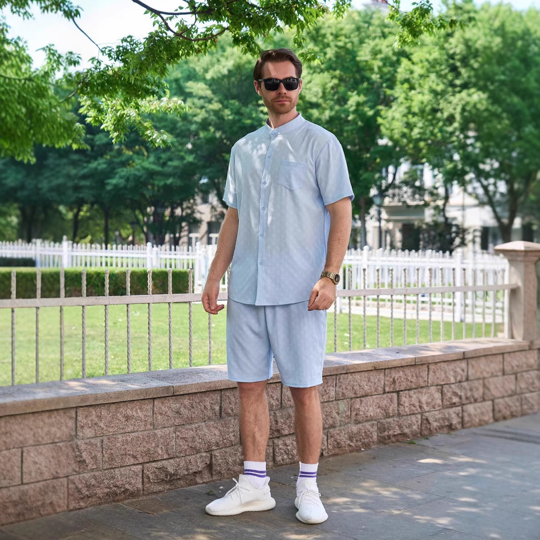 Herren Kurzarm-Hemd und Shorts Set mit modernem Stehkragen und atmungsaktiver Struktur Aliams