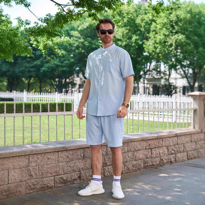 Herren Kurzarm-Hemd und Shorts Set mit modernem Stehkragen und atmungsaktiver Struktur Aliams