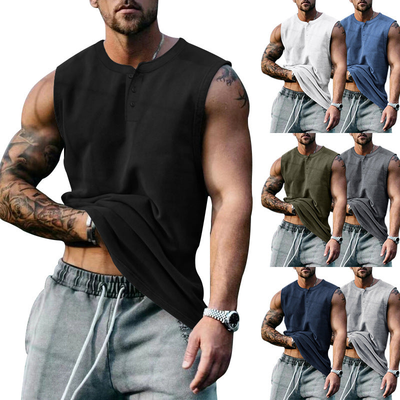 Herren ärmelloses Henley-Tanktop aus weichem Baumwollmix mit Knopfleiste Aliams