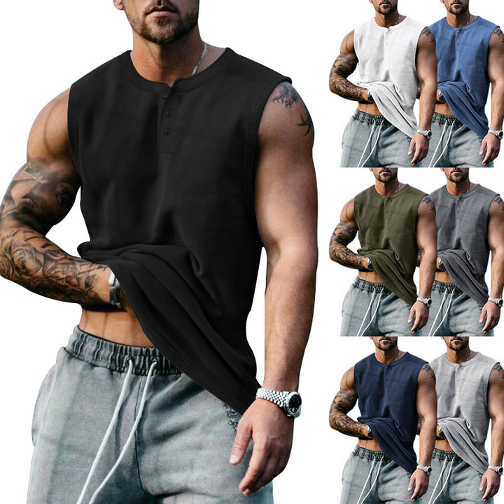 Herren ärmelloses Henley-Tanktop aus weichem Baumwollmix mit Knopfleiste Aliams