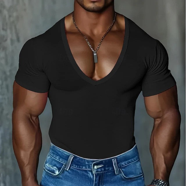 Herren Figurbetontes V-Ausschnitt T-Shirt aus leichtem Baumwollmix Aliams