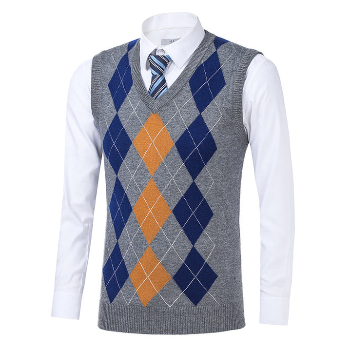 Herren klassischer V-Ausschnitt Strickpullover mit Rautenmuster Aliams