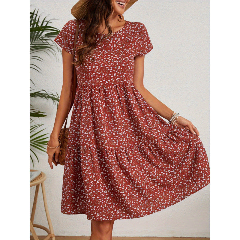 Frauen Blumenmuster A-Linien Kleid Aliams