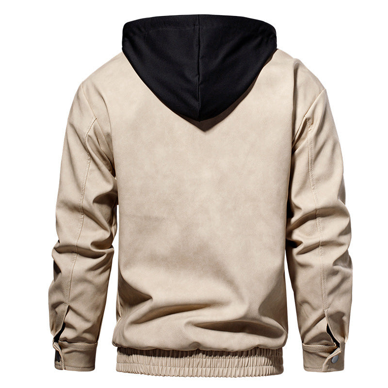 Herren Kunstlederjacke mit abnehmbarer Kapuze und elastischem Bund Aliams
