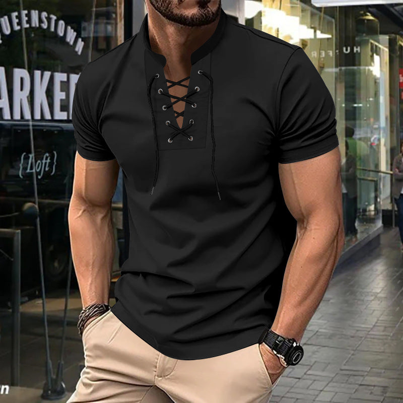 Herren Kurzarm-Henley-Shirt mit modernem Schnürdesign Aliams