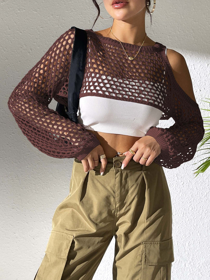 Damen Lässiger Netzpullover mit Offenen Schultern und Weitem Schnitt Aliams