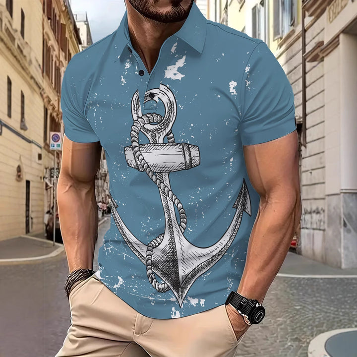 Herren Kurzarm Poloshirt mit maritimem Ankerdesign Aliams