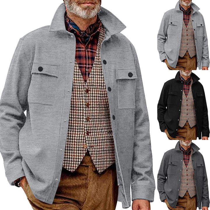 Herren Fleece-Hemdjacke mit zwei Brusttaschen und modischem Stehkragen Aliams