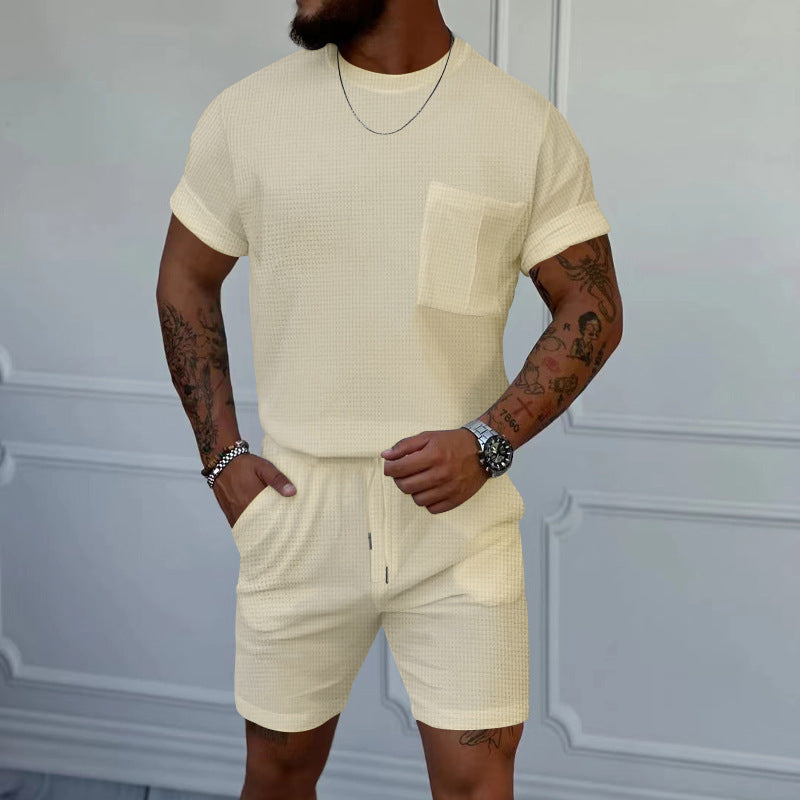 Herren gemütliches Kurzarm-Set mit elastischem Bund und praktischen Taschen Aliams