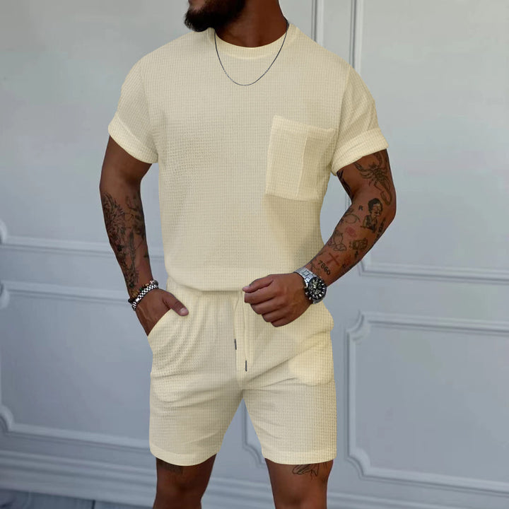 Herren gemütliches Kurzarm-Set mit elastischem Bund und praktischen Taschen Aliams