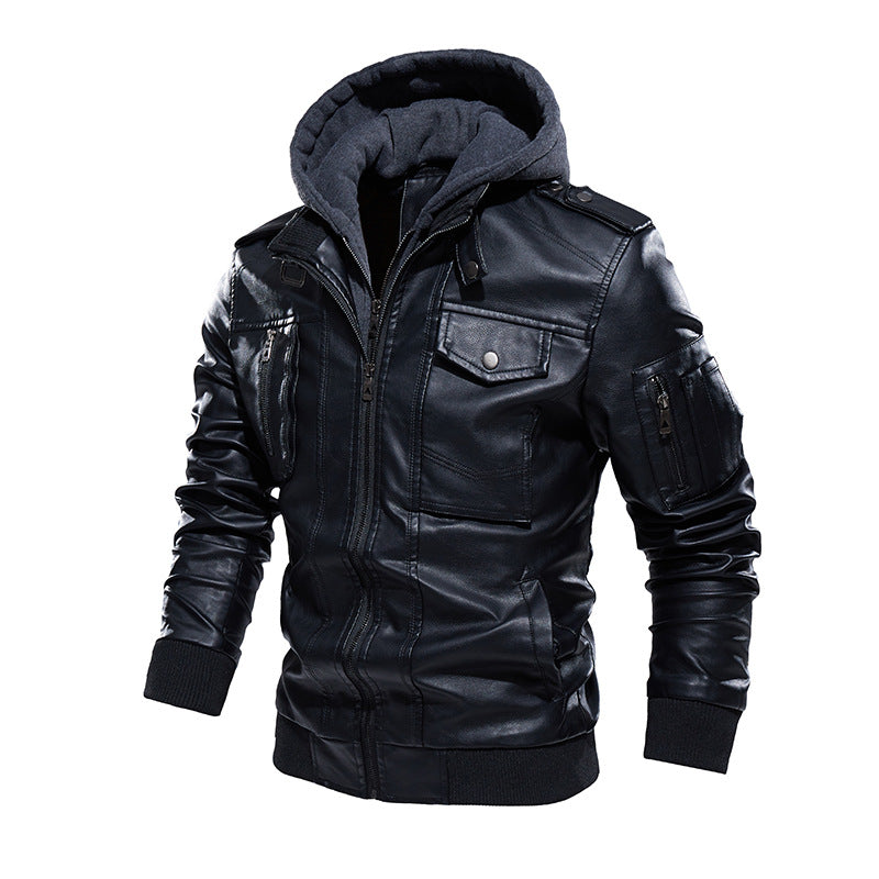 Herren Stilvolle und bequeme Lederjacke mit abnehmbarer Kapuze Aliams