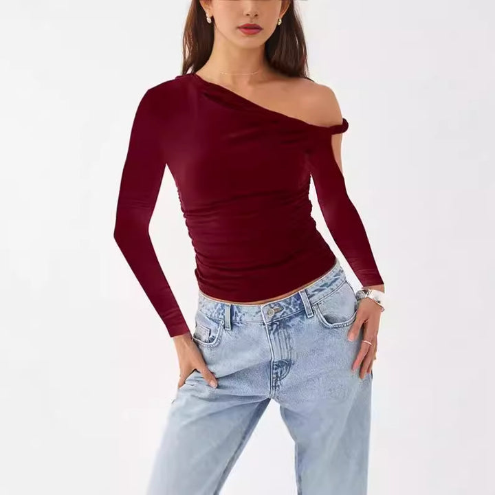 Damen Elegante asymmetrische Bluse mit langen Ärmeln und Raffung Aliams