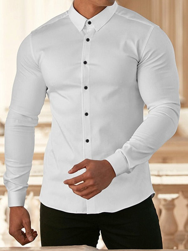 Herren körperbetontes Langarmhemd mit modischem Kragen und eleganten Knöpfen Aliams