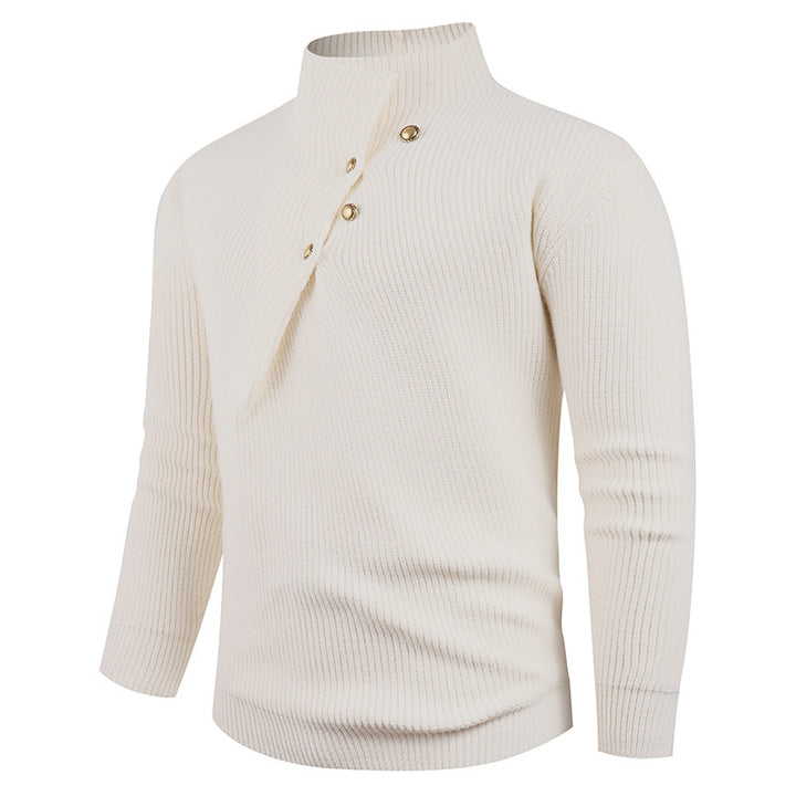 Herren Strickpullover mit asymmetrischem Kragen und dekorativen Holzknöpfen Aliams