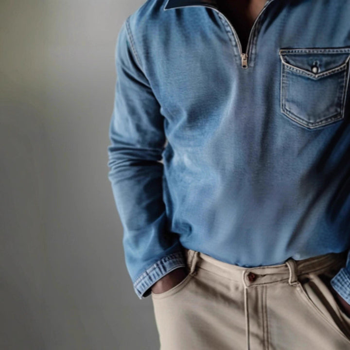 Herren Jeanshemd mit kurzem Reißverschluss und Brusttasche Aliams