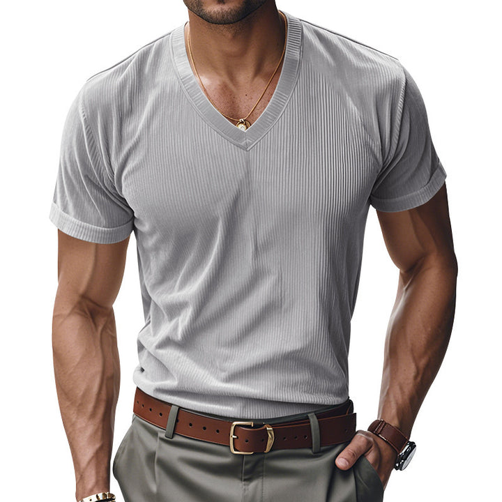 Herren V-Ausschnitt T-Shirt mit strukturiertem Rippenmuster Aliams
