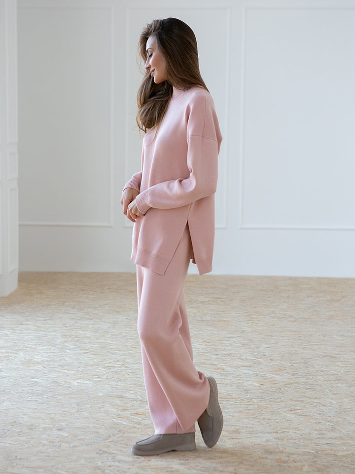 Damen weicher Strickanzug mit hohem Kragen und geradem Schnitt Aliams