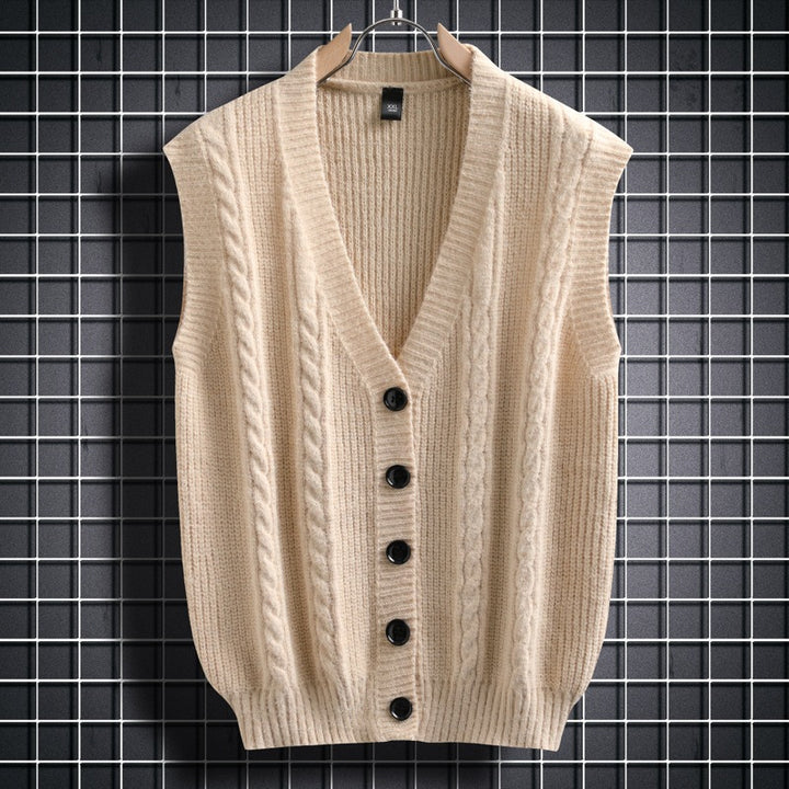 Herren ärmellose Strickjacke mit Zopfmuster und Knopfdetails Aliams