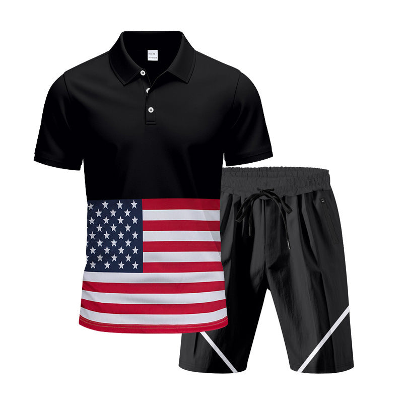 Herren Polo-Shirt und Shorts-Set mit Flaggenmotiven und modernem Schnitt Aliams