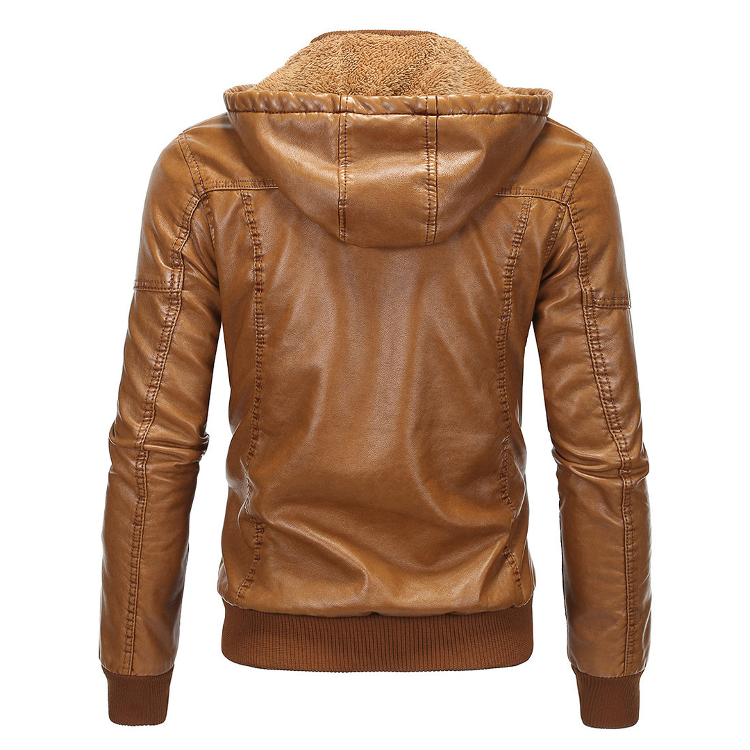 Herren Kunstlederjacke mit Kapuze und Fleece-Futter Aliams