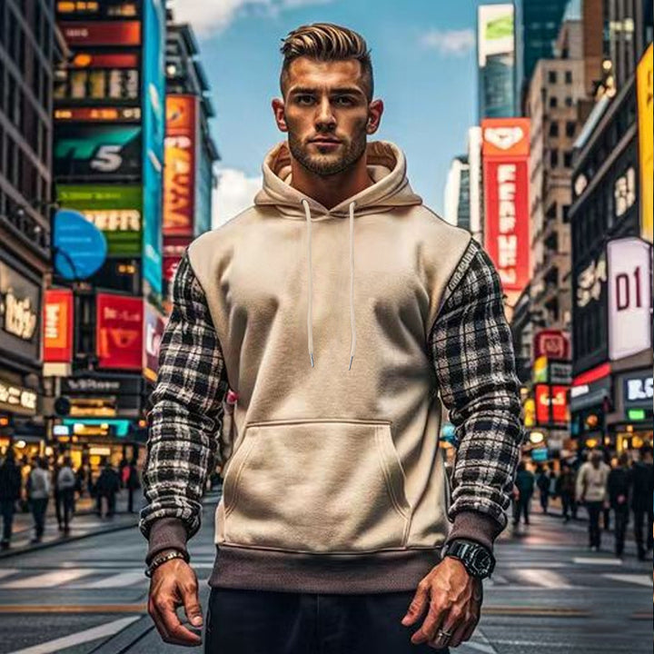 Herren Hoodie mit karierten Ärmeln und Kängurutasche Aliams