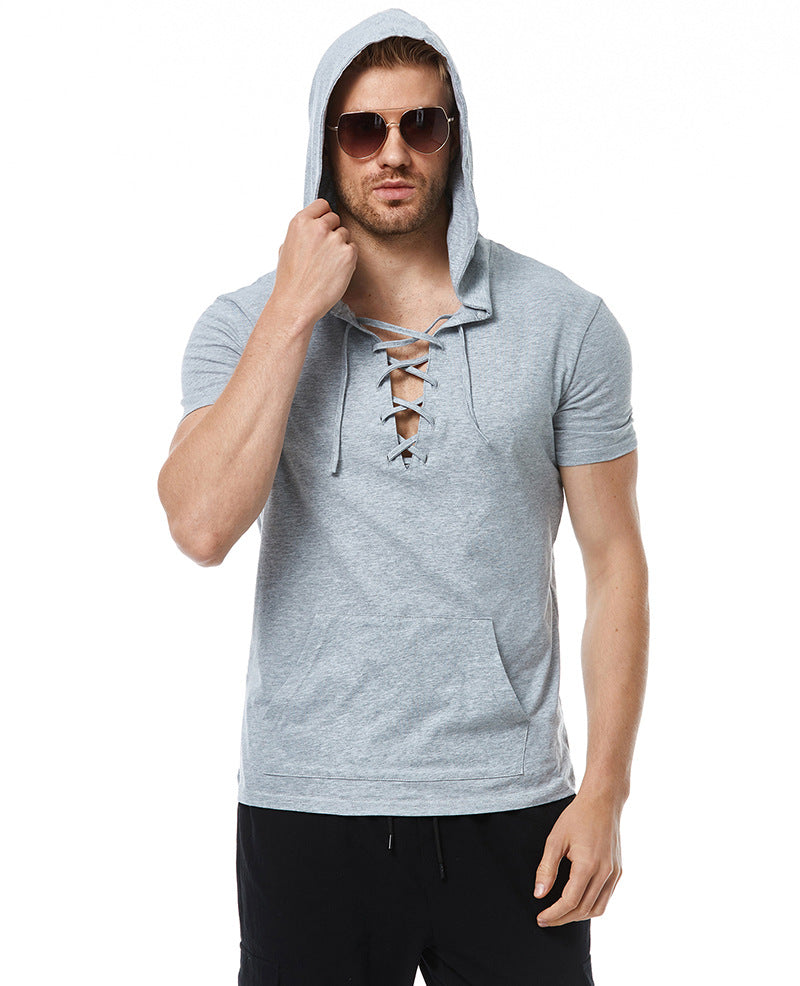 Herren Hoodie T-Shirt mit V-Ausschnitt und Kängurutasche Aliams