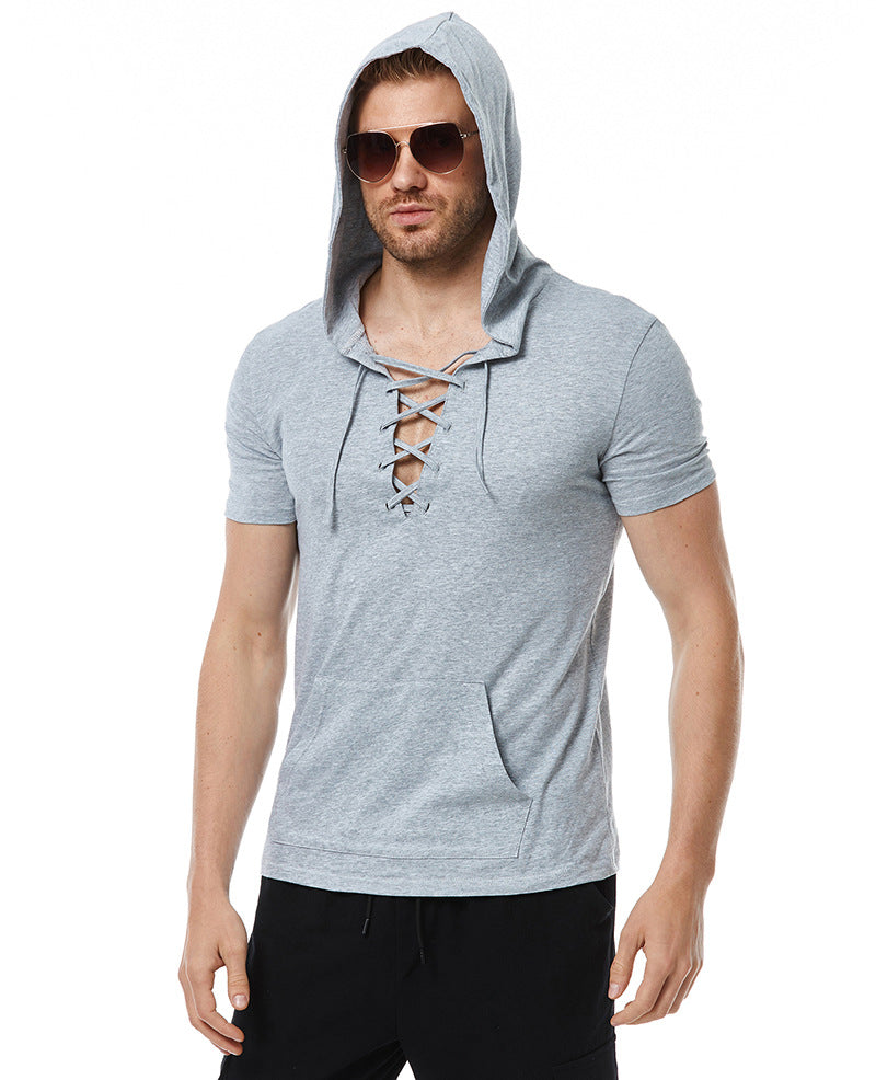 Herren Hoodie T-Shirt mit V-Ausschnitt und Kängurutasche Aliams