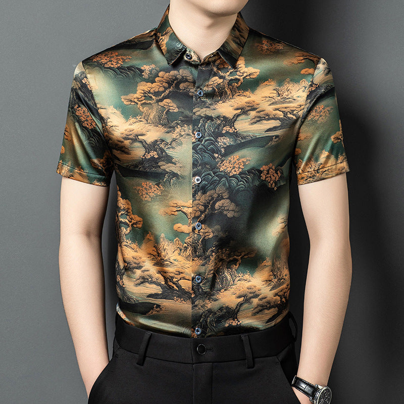 Herren Kurzarmhemd im modernen asiatischen Stil mit kunstvollem Druck Aliams