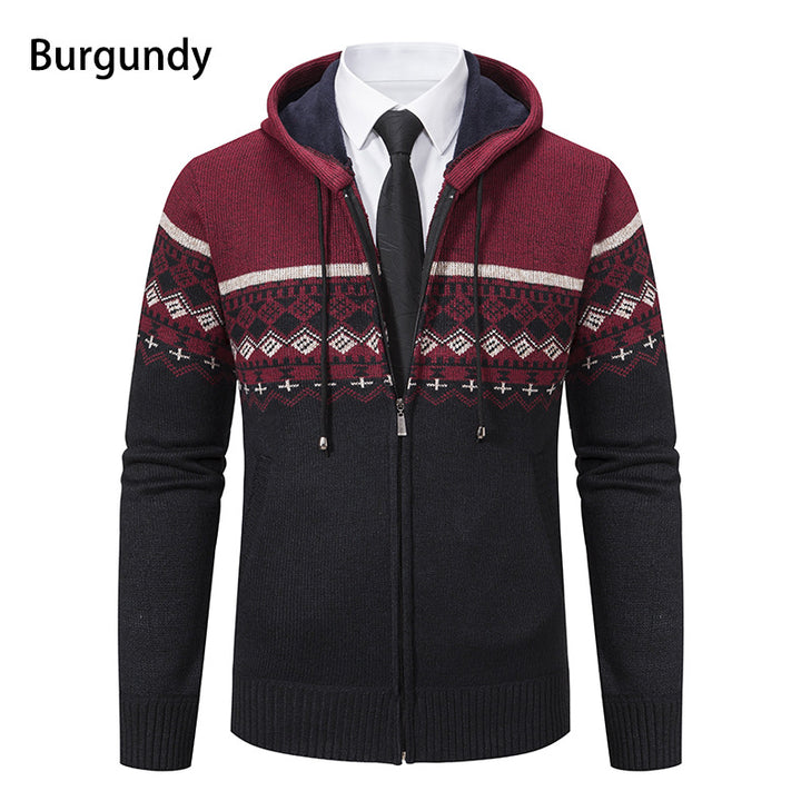 Herren stilvolle Strickjacke mit Kapuze und Norweger-Muster Aliams