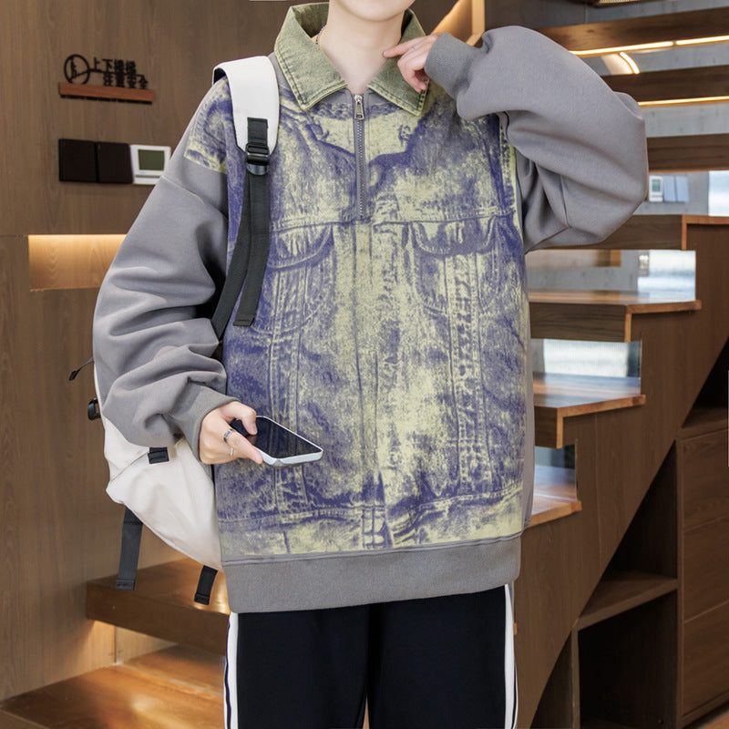 Unisex Oversized Sweatshirt mit blauem Denim-Design und Stehkragen Aliams