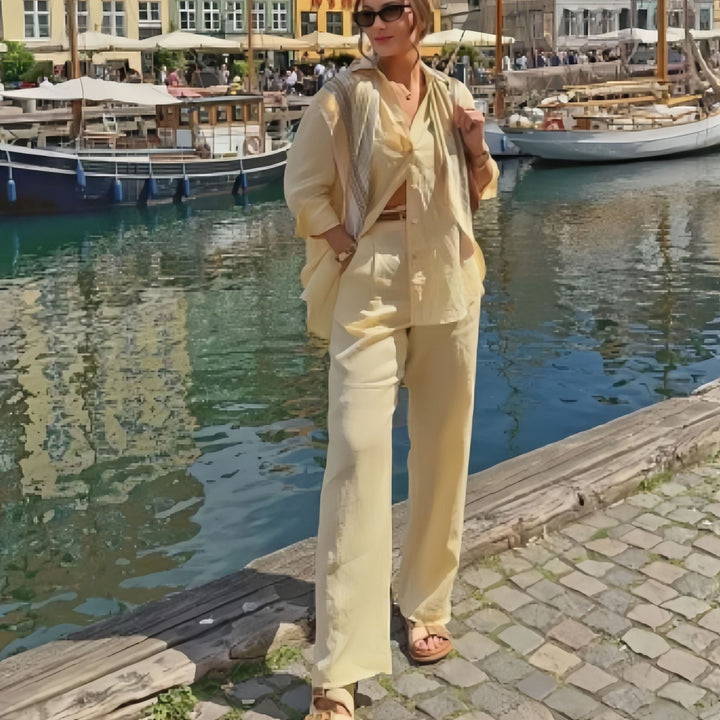 Damen angesagter Leinen-Jumpsuit mit tailliertem Schnitt und langen Ärmeln Aliams