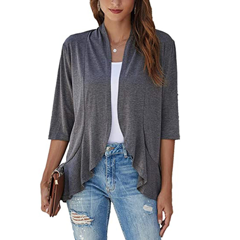 Damen Leichte Chiffonjacke mit Offenen Fronten und 3/4-Ärmeln Aliams