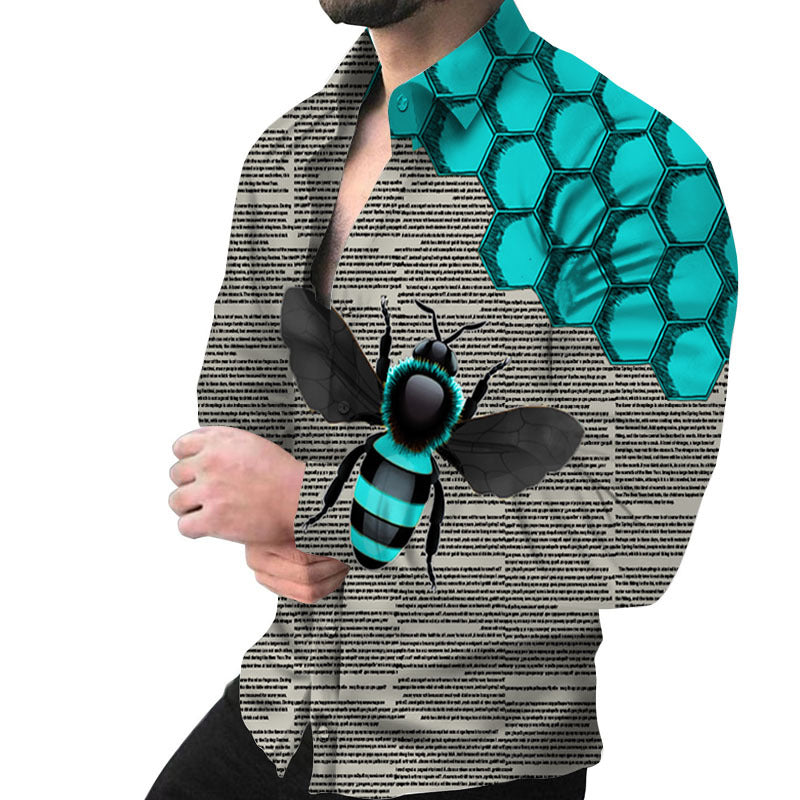 Herren Kreatives Langarmhemd mit künstlerischem Bienenmuster und strukturiertem Design Aliams