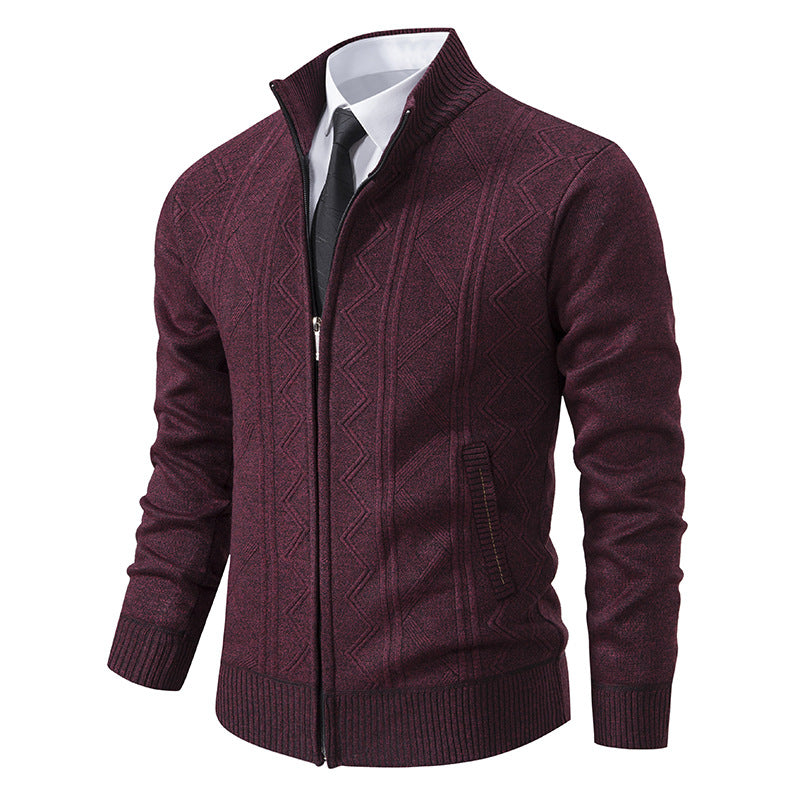 Herren elegante Strickjacke mit strukturiertem Zopfmuster und hohem Kragen Aliams