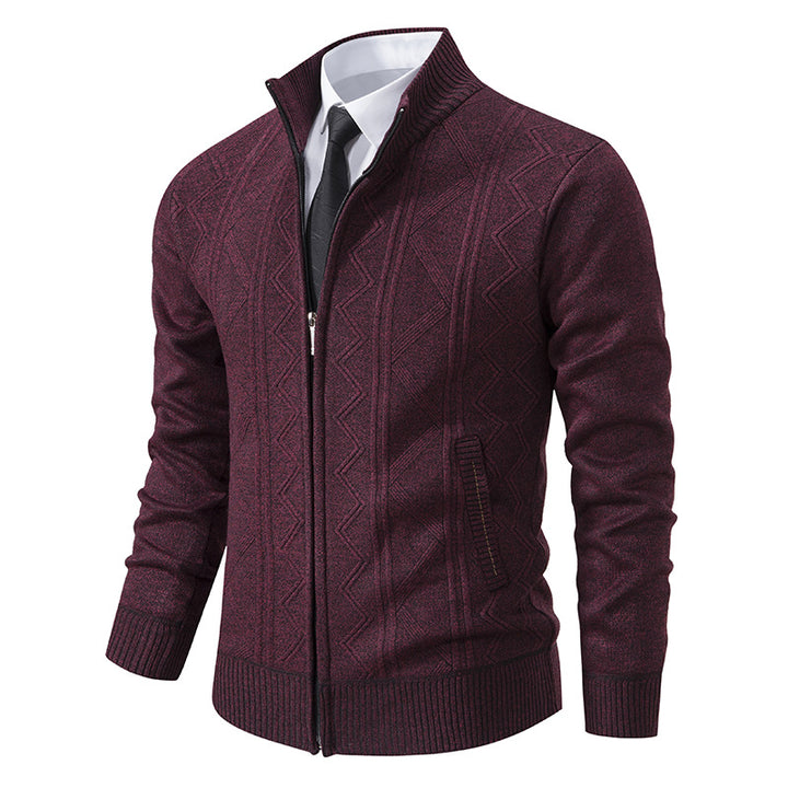 Herren elegante Strickjacke mit strukturiertem Zopfmuster und hohem Kragen Aliams