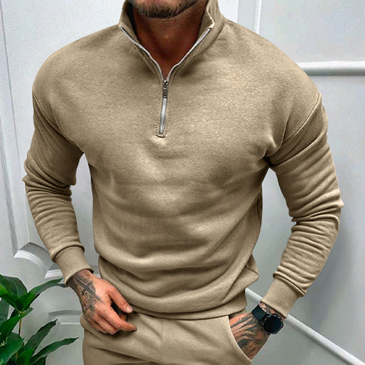 Herren sportlicher Fleece-Pullover mit halbem Reißverschluss und modischem Stehkragen Aliams