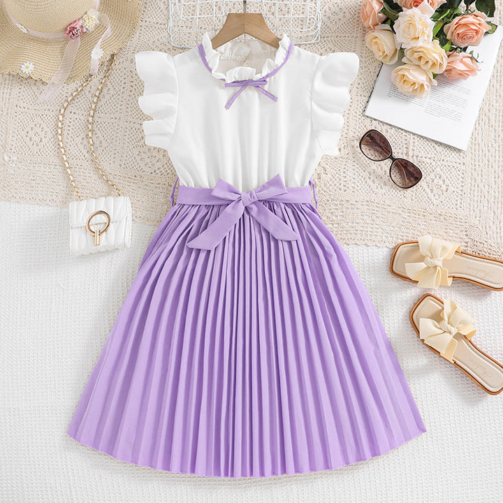 Mädchen Faltenrockkleid mit Puffärmeln und Taillenknoten Aliams