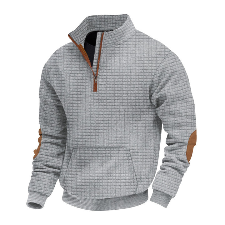 Herren sportlicher Fleece-Pullover mit halbem Reißverschluss und eleganten Ellbogen-Patches Aliams