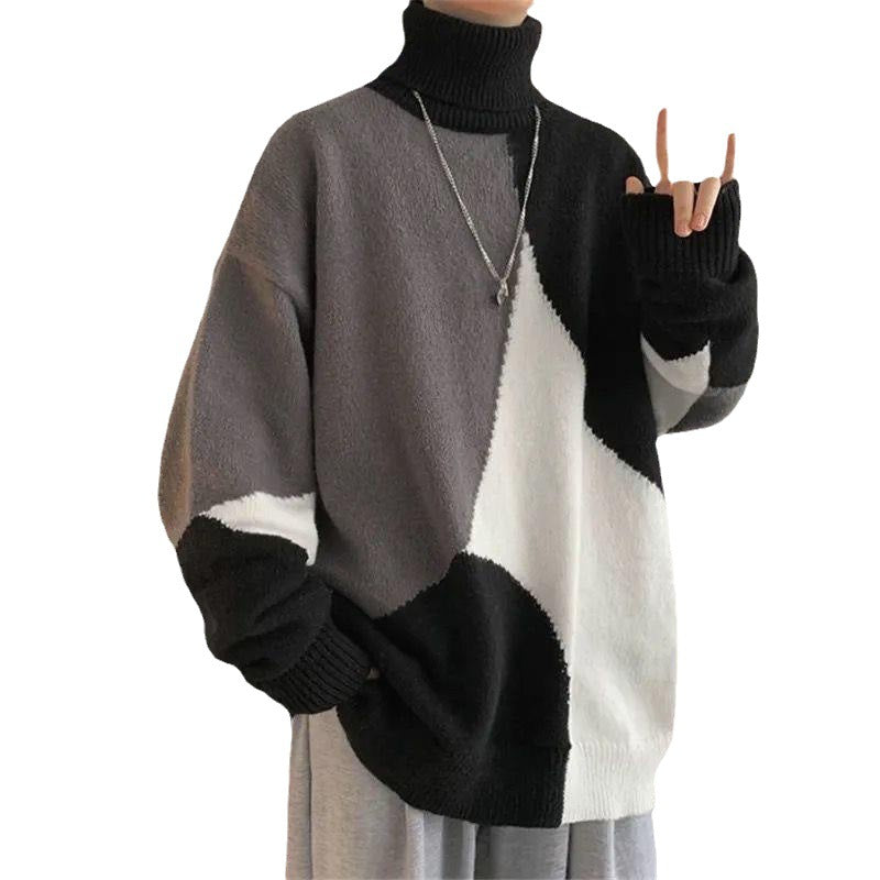 Herren Grobstrickpullover mit hohem Kragen und modernen Farbblocks Aliams